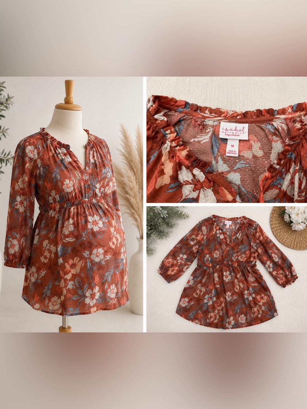 Isabel Maternity Rust Floral Peasant Blouse | Medium | Boho Maternity Top